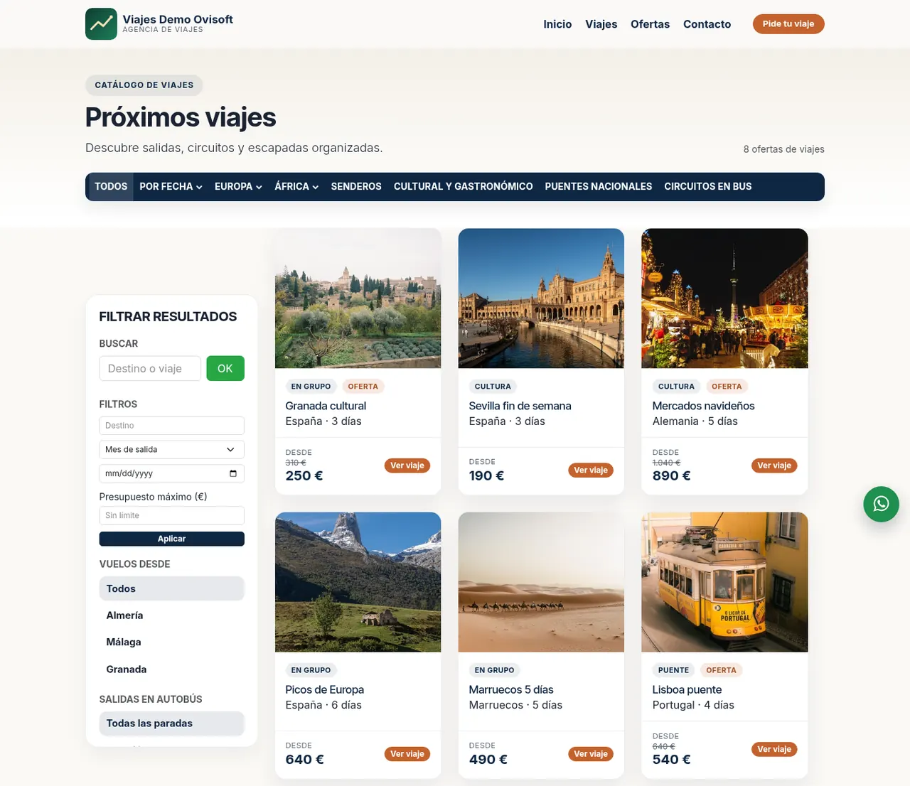 Catálogo de viajes con filtros por destino, fecha y precio en la web de la agencia (agencia de demostración)