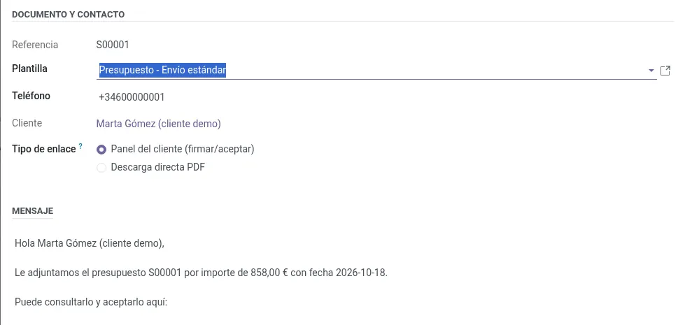 Asistente de Odoo que prepara el mensaje de WhatsApp con el enlace al presupuesto (cliente de demostración)
