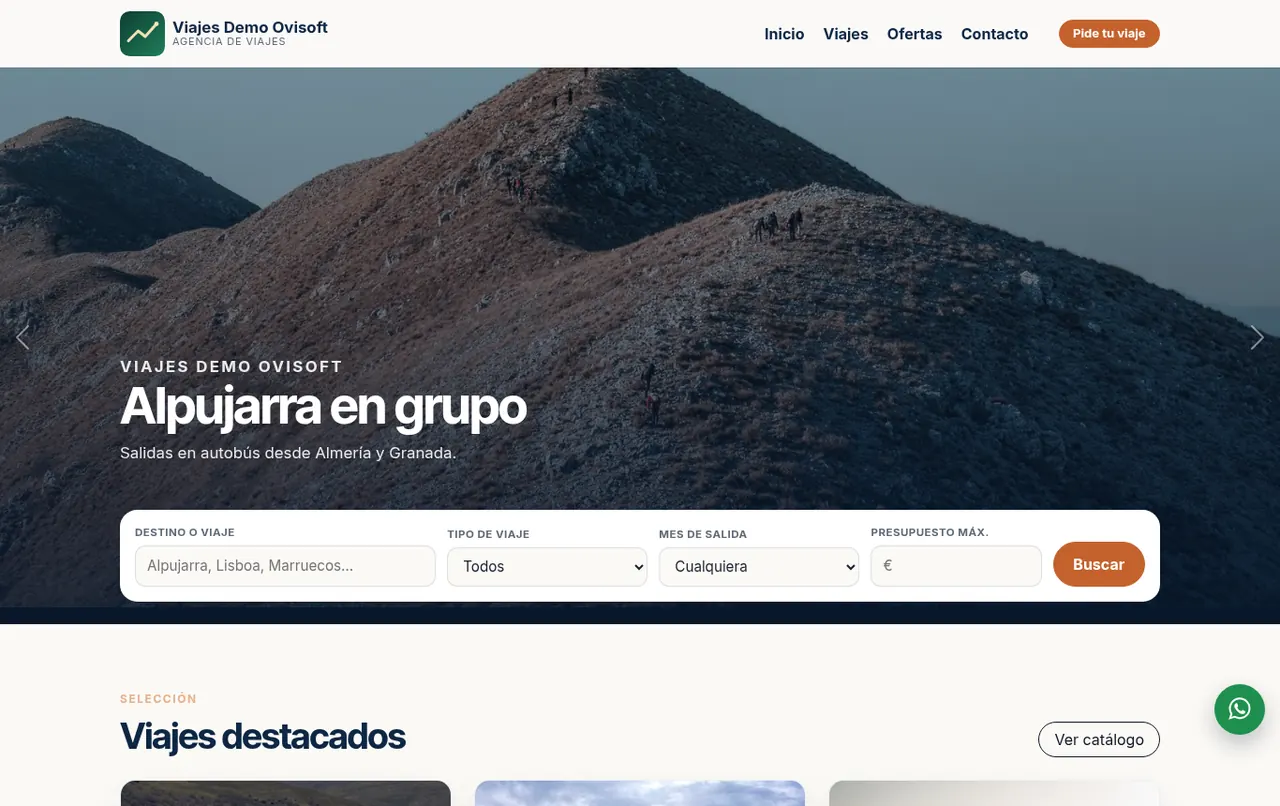 Página de inicio de la web de una agencia de viajes conectada a Odoo (agencia de demostración)
