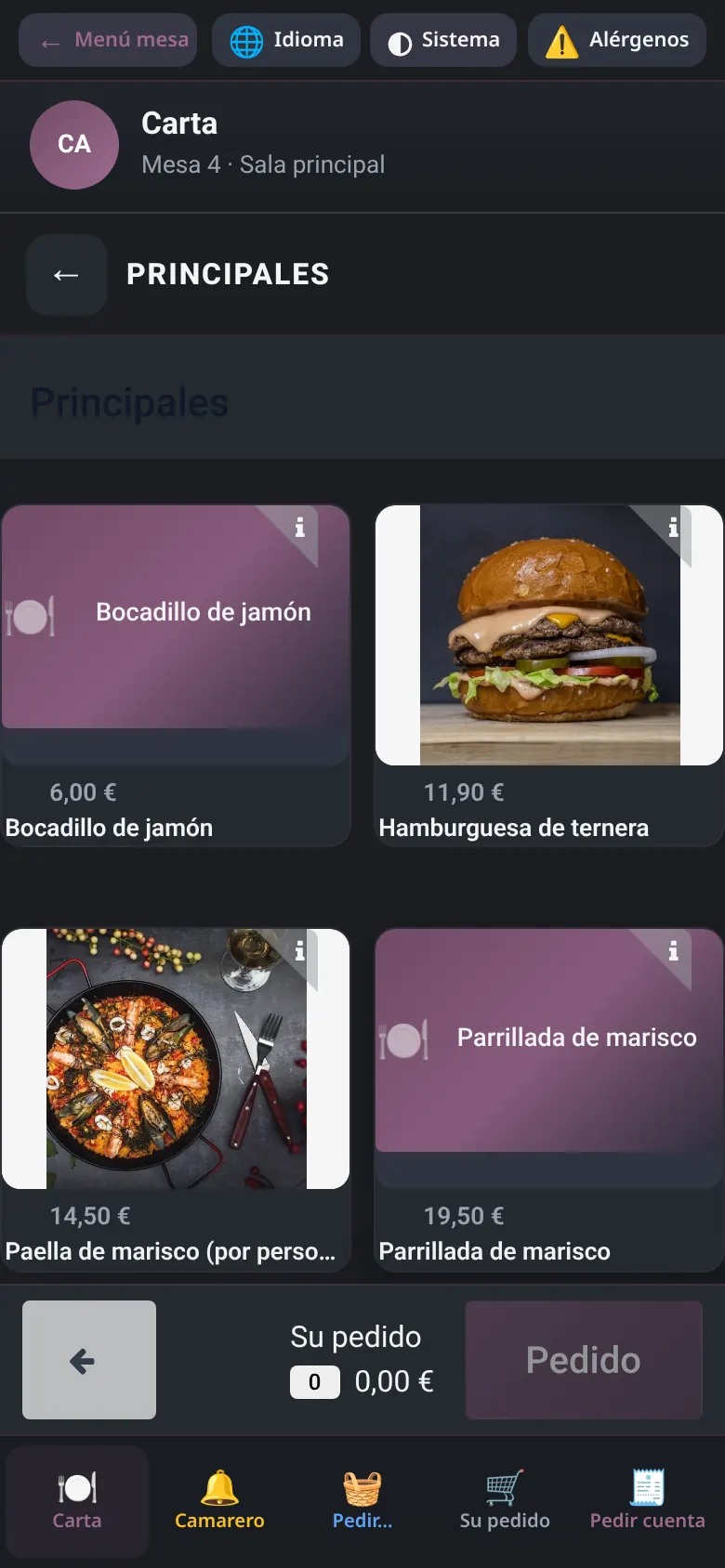 Carta digital del autopedido con productos y precios en el móvil (restaurante de demostración)