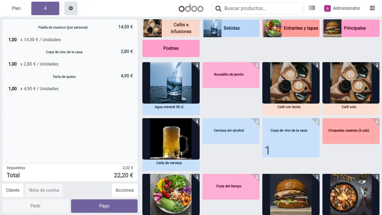 Pedido de mesa recibido en el punto de venta de Odoo (restaurante de demostración)
