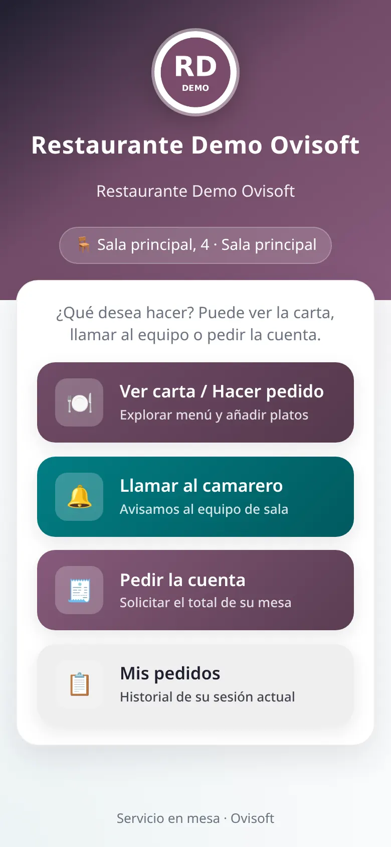 Pantalla de inicio del autopedido tras escanear el QR de la mesa (restaurante de demostración)