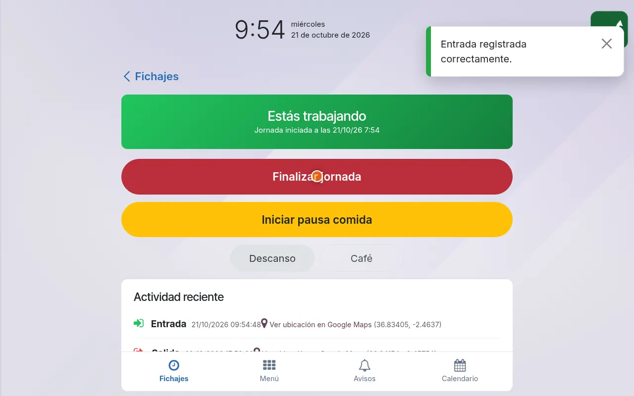 Kiosco de fichaje en Odoo para registrar la entrada con PIN (empresa de demostración)