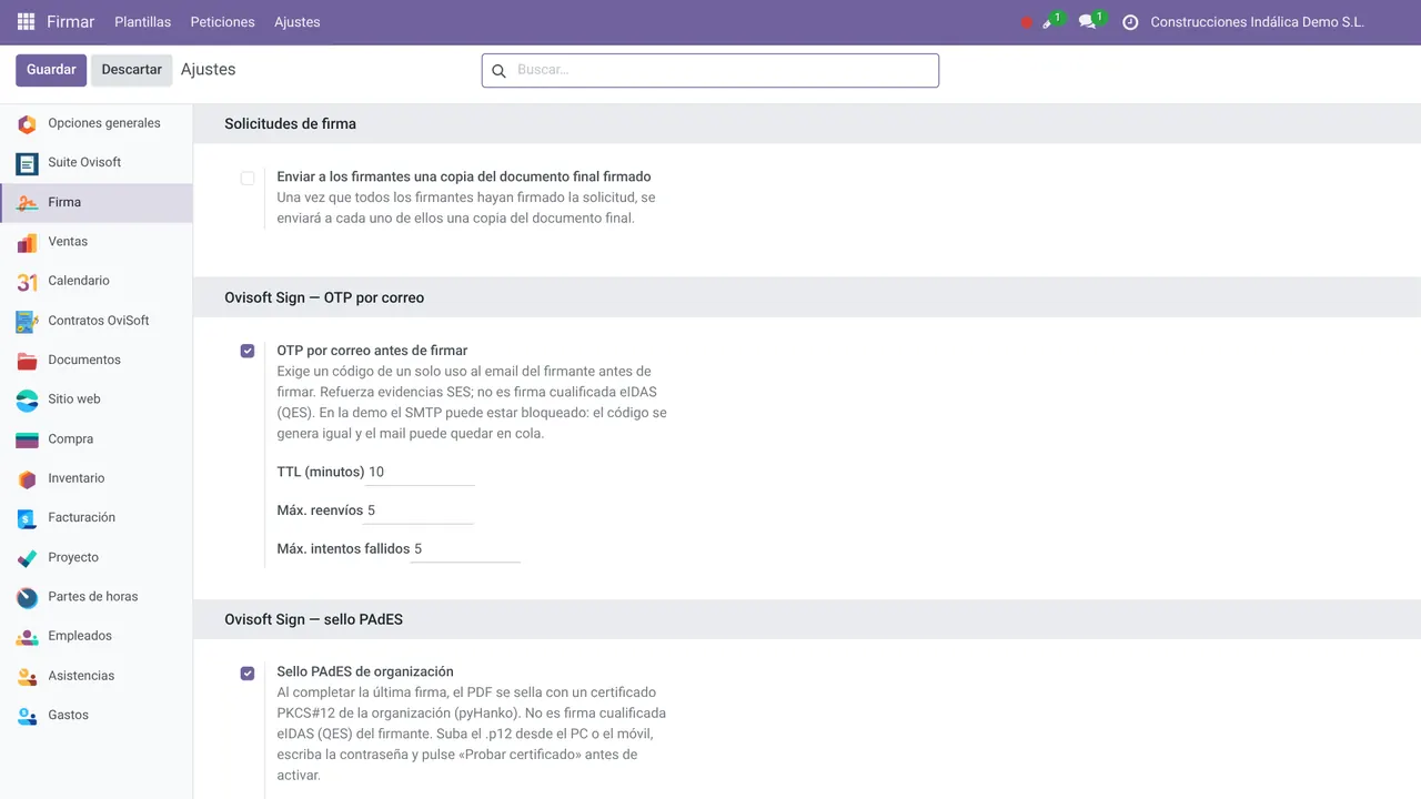 Ajustes de Ovisoft Sign con código OTP por email y sello PAdES de la organización (datos de demostración)