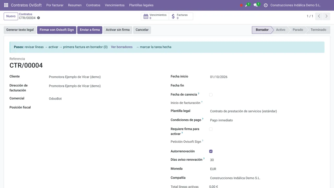 Contrato en Odoo con el botón «Firmar con Ovisoft Sign» (datos de demostración)