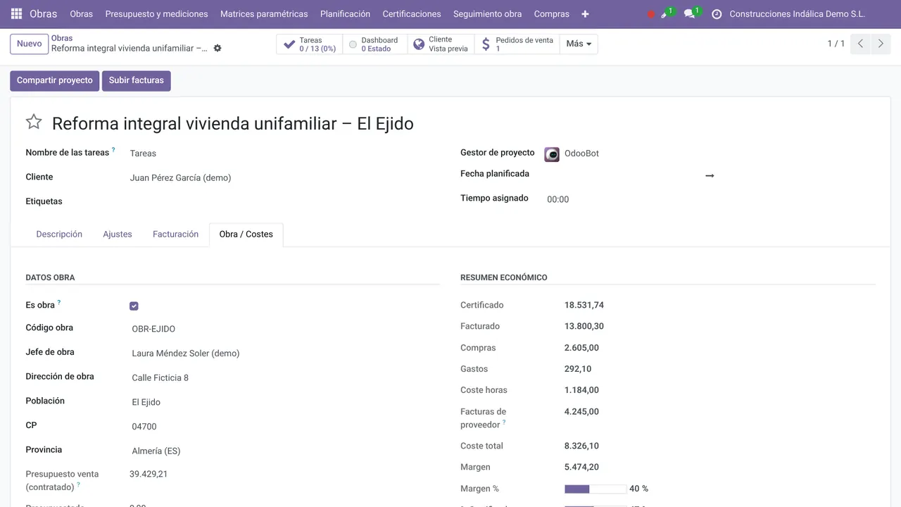 Ficha de obra en Odoo con resumen económico: certificado, facturado, costes y margen (datos de demostración)