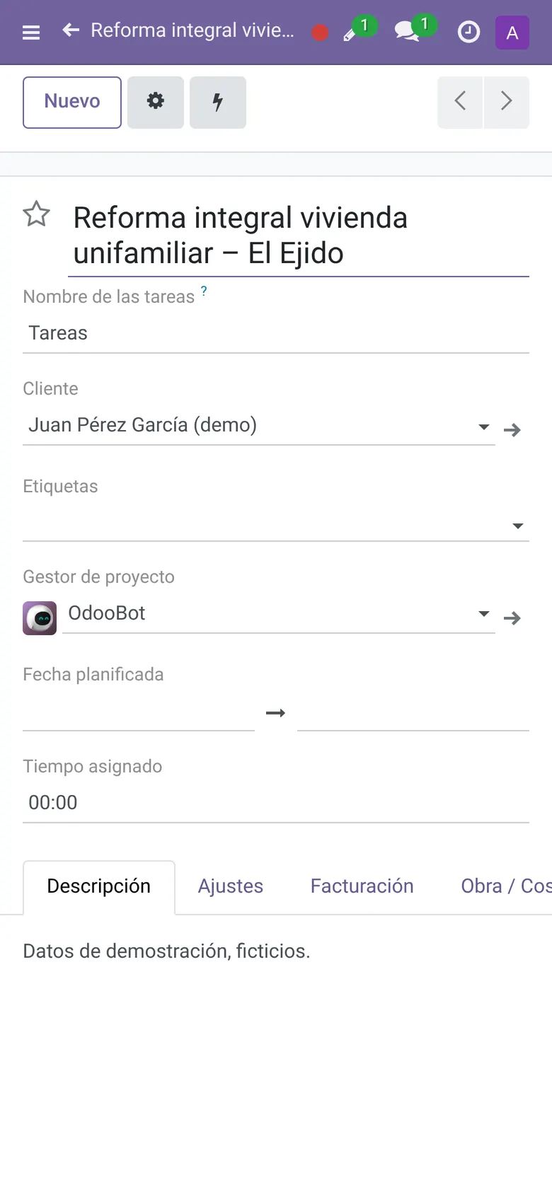 Ficha de obra en Odoo vista desde el móvil (datos de demostración)