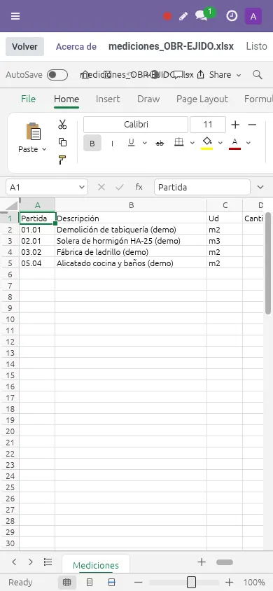 Hoja de cálculo de la Suite Ovisoft vista en el móvil (datos de demostración)
